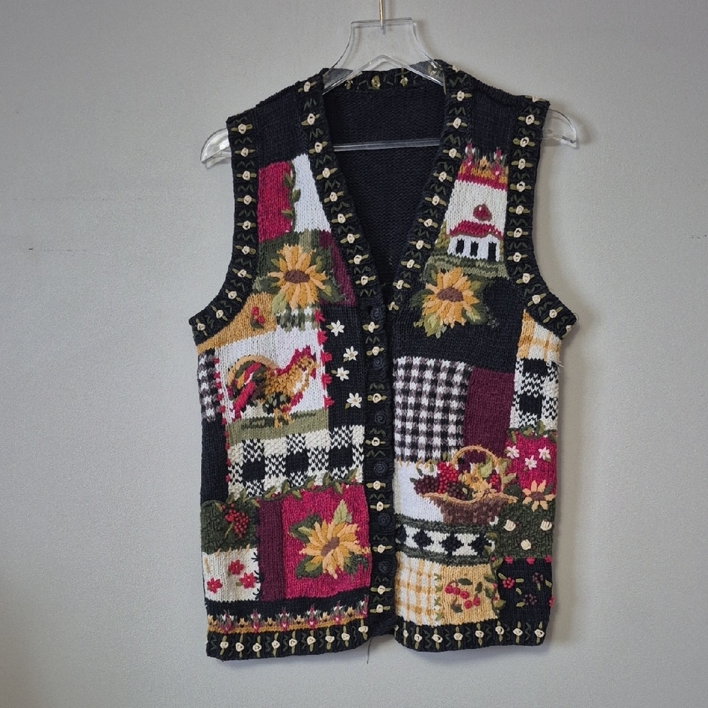 Vintage Farmhouse Cottagecore Grandma Graphic Knit Vest, Size M Garden